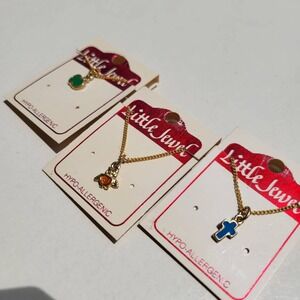 Vtg NOS Little Jewel Charm Necklace Set 3pc Gold Tone Green Apple Owl Blue Cross